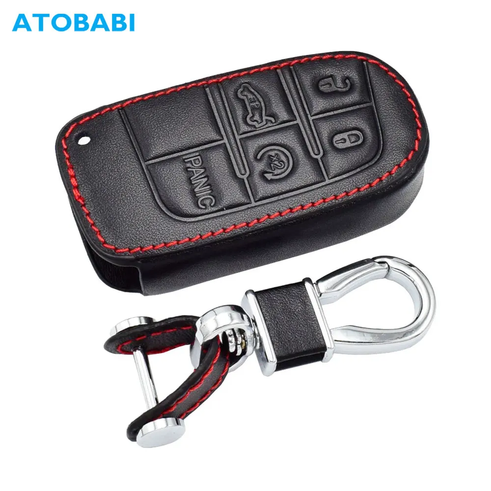 Leather Car Key Fob Cover Bag Shell Case For Jeep Dodge Charger Durango Chrysler