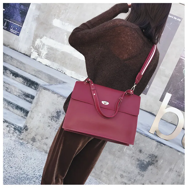 2019 Woman Briefcase Bag Leather Handbags Ladies Vintage PU Shoulder Bag Crossbody Satchels Office Document Bag Wide strap Purse (17)