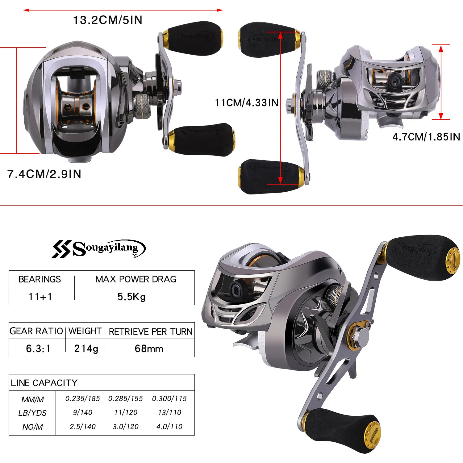 Sougayilang катушка для ловли на приманку, Максимальное сопротивление 5,5 кг, 6,3: 1, высокоскоростная катушка для ловли рыбы, катушка для морской пресной воды, катушки для рыбалки