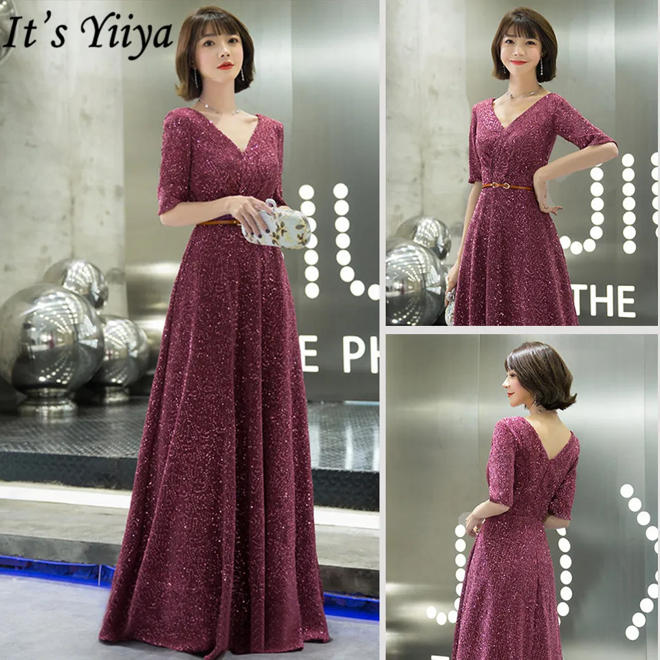 

It's Yiiya Formal Dress Sequined A-Line V-Neck Evening Dresses for Women Zipper Floor-Length Solid Robe De Soiree K026