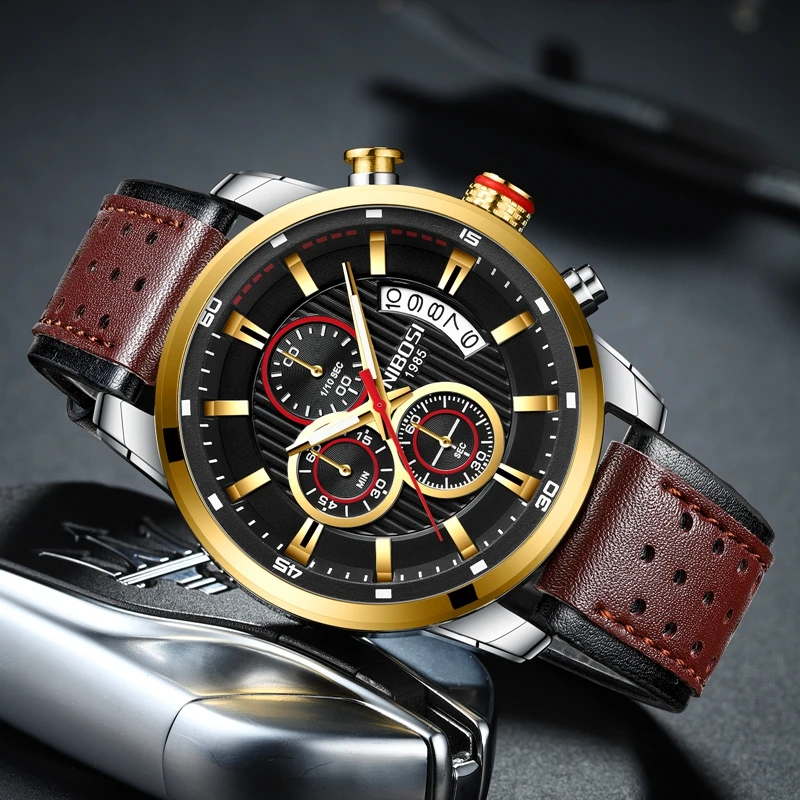 Billige NIBOSI Top Marke Luxus Chronograph Quarz Uhr Männer Sport Uhren Militär Armee Leder Armbanduhr Uhr Relogio Masculino