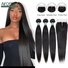 Best Offers Aircabin Straight Hair Bundles With Closure Brazilian Remy Human Hair Weave Natural Color Bundle Medium Brown Swiss Lace Closure