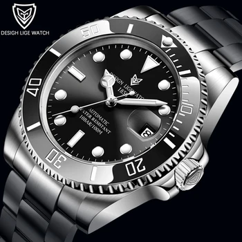 

LIGE Green Water Ghost Waterproof Watch Men Diamond Mechanical Watches Luminous 316L Stainless Steel Clock NH35 Sports Watch+Box