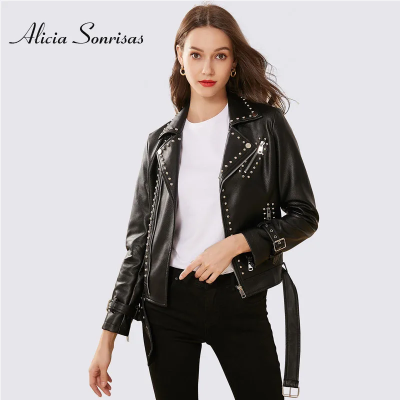 

New 2019 Rivets Leather Jacket Women Black Punk Street Motorcycle Jacket Washed PU Leather Biker Coat