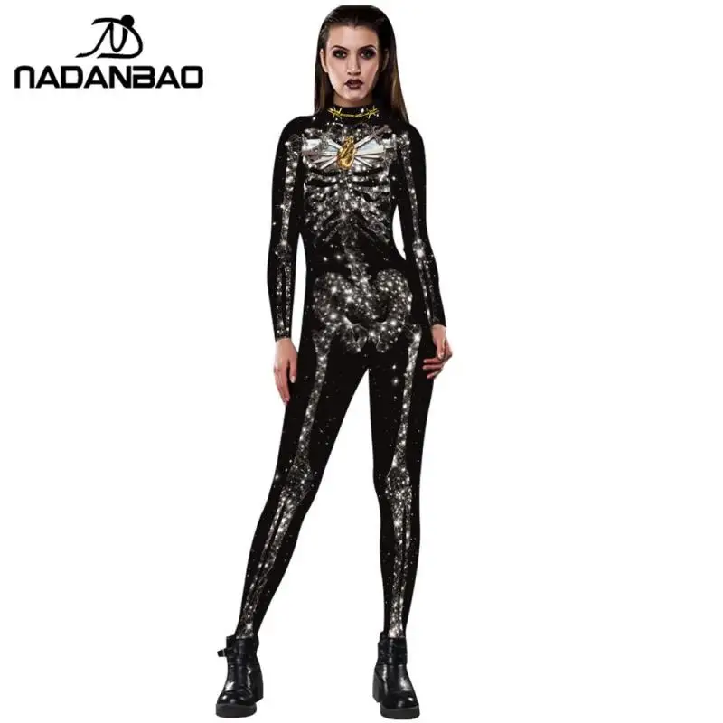 Rose Skeleton Costume Jumpsuit 3D Print Scary Halloween Costumes For Women Mechanical Skull Bodysuit
