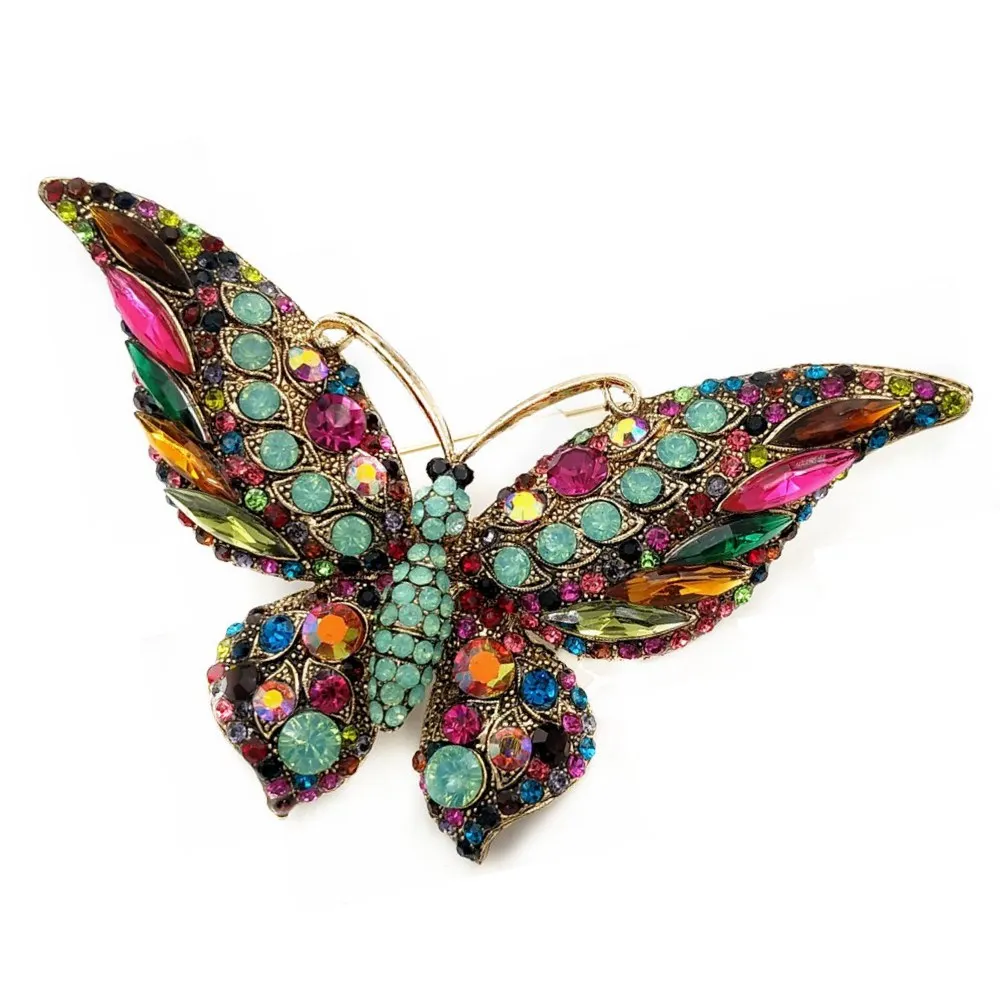 Винтажная брошь в стиле арт-деко, многоцветная, с кристаллами ed, крупная, с бабочкой, золотой тон, бирюзовый, зеленый цвет, с украшением в виде крыльев, с большой бабочкой, на булавке