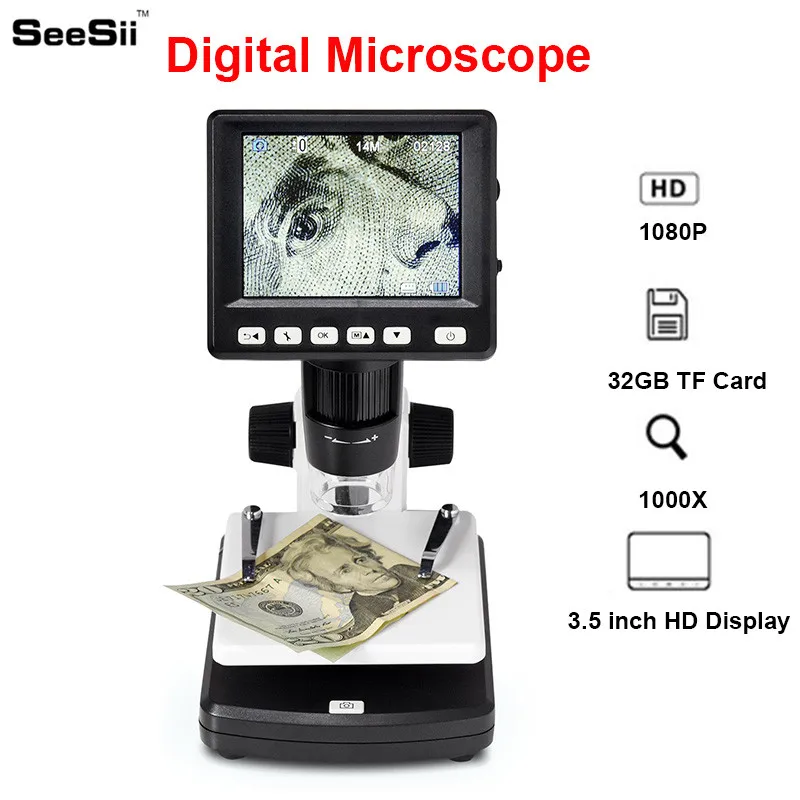 

SeeSii 1000X Digital Microscope 3.5 inches HD 1080P Portable Desktop LCD Digital Microscope Adjustable 10 Languages 8 LED