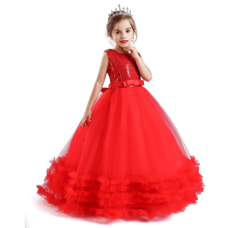 Свадебное платье принцессы для девочек; детское длинное платье подружки невесты с цветочным узором; новогодний красный халат; Дизайнерская одежда с открытой спиной; праздничная одежда