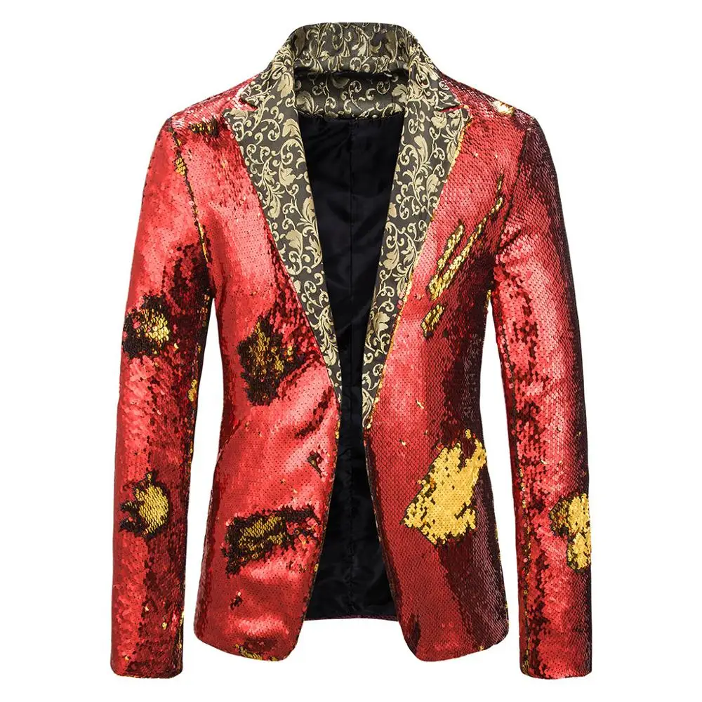 Очаровательный мужской повседневный приталенный жакет пиджак с блестками, вечерние топы, кардиган в стиле пэчворк - Цвет: Red