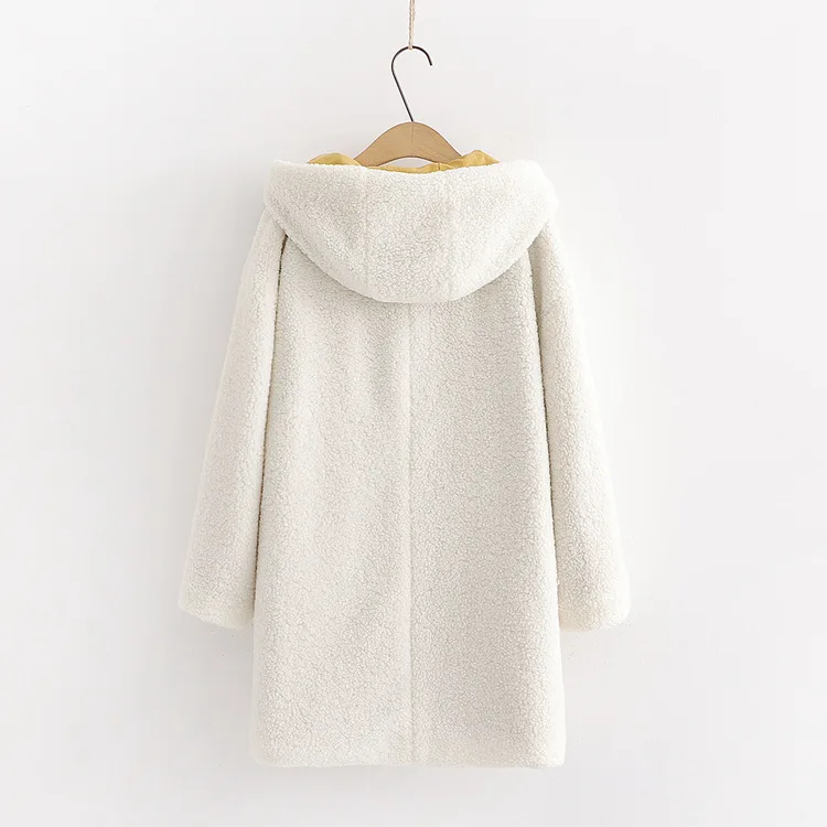 Зимнее женское длинное пальто Kawaii, милая куртка с капюшоном, Kawaii Bear, для девочек-подростков, теплое плюшевое пальто, белое, розовое, овечья шерсть, пушистая верхняя одежда