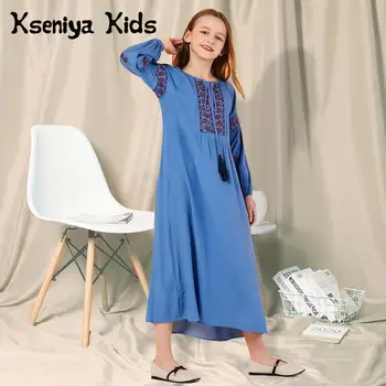 

Girls Blue Floral Dress Autumn Long Sleeve Ruffles Boho Beach Cotton Long Dresses Casual Dress Girl Muslim Dress