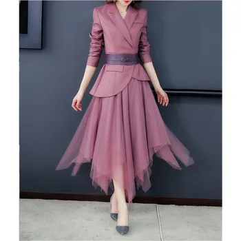 

spring autumn fashion blazer with mesh pleated skirt suit set ladies formal blazer skirt set jacket skirt suits women