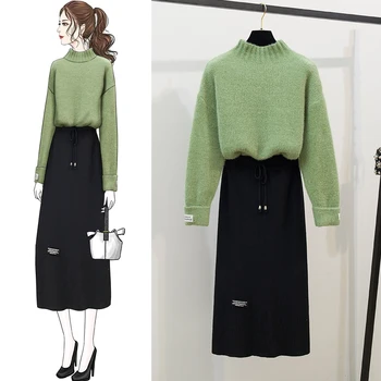 

Turtleneck Top Knitwear Long Black Skirt Women 2 Pcs Clothing Set Autumn New Fairy Joker Sweaters Outfit Casual Clothes