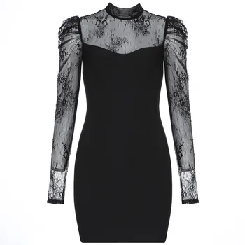 

2020 Fashion Ladies Mini Party Casual Dress Winter Women O Neck Long Sleeve Floral Mesh Black Bodycon Bandage Dress Vestidos