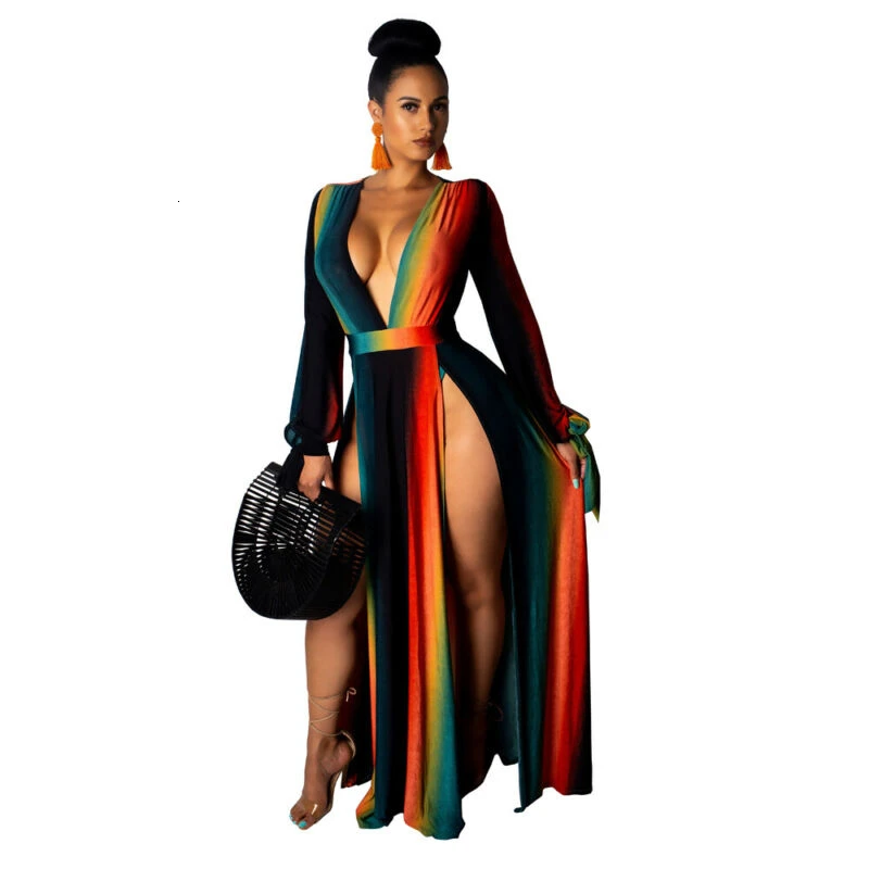 

2019 New Arrival Women Deep V Neck Side Slit Gradient Print High Waist Long Sleeve Sexy Club Party Holiday Color Dresses