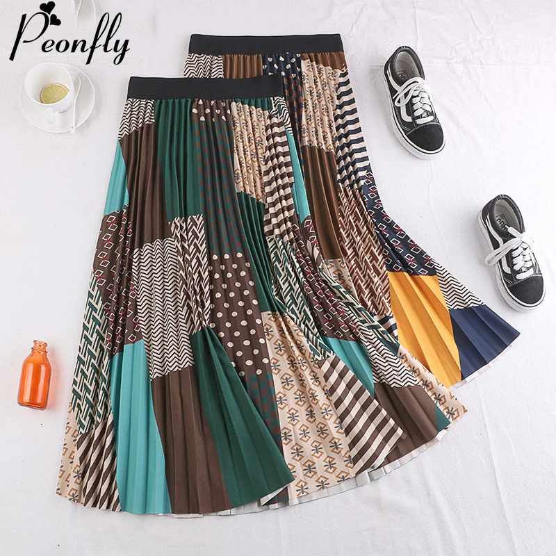 PEONFLY, Ретро стиль, клетчатая, с принтом, длинные, плиссированные юбки, для женщин, мода, весна, Национальный стиль, трапециевидная, высокая талия, юбка для женщин, для девушек