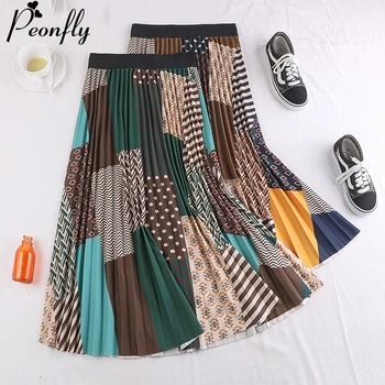 

PEONFLY Vintage Plaid Printed Long Pleated Skirts Women Fashion 2020 Spring National Style A Line High Waist Skirt Female Ladies