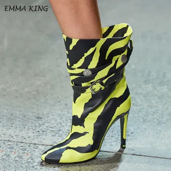 

EMMA KING neon green graffiti stitching rock color zebra stripes print gold silver round head stiletto calf boots for girlfriend