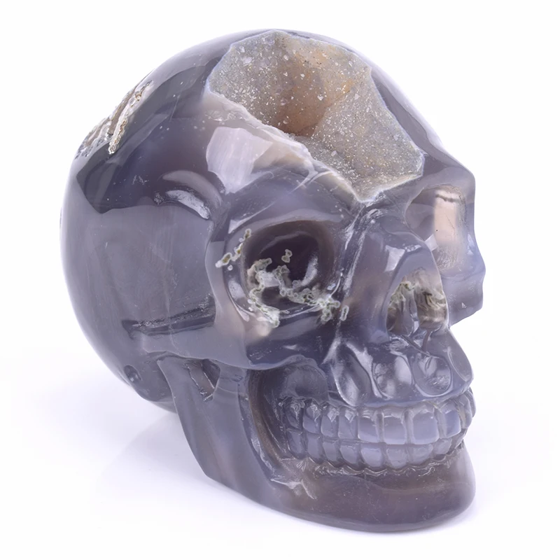 

Natural Agate Geode Hand Carved Quartz Crystal Skull Statue Reiki Healing Stone Skull Sculpture Home Decor Art Collection