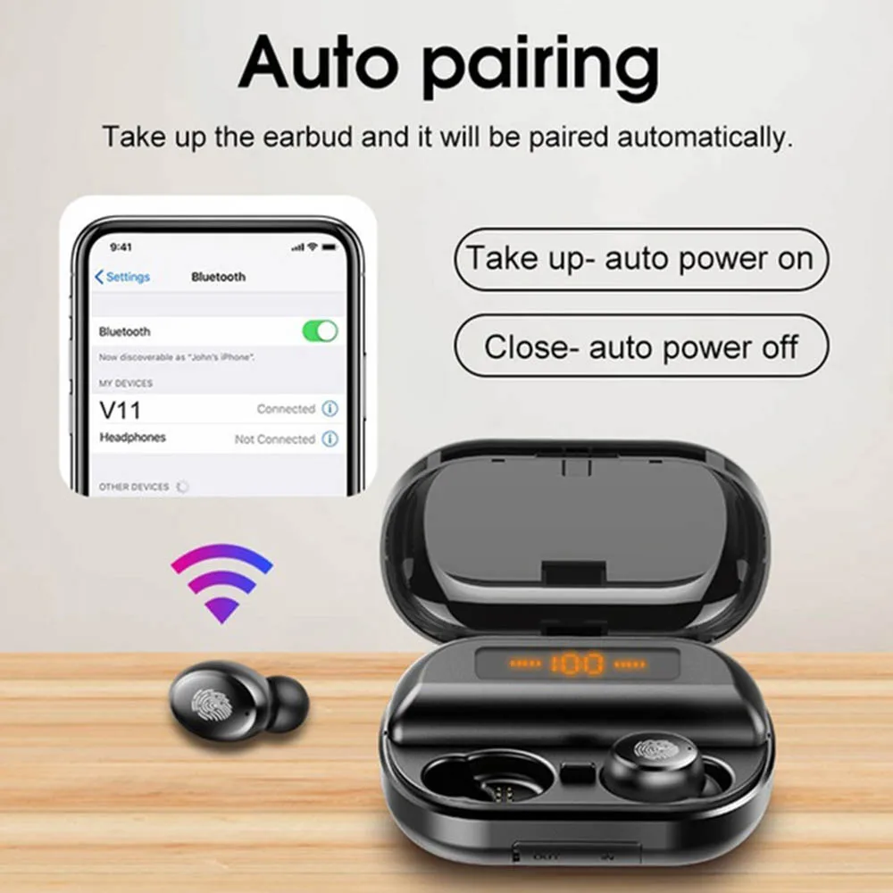 V11 TWS Bluetooth 5 0 Headphones Wireless Earphone 9D Stereo IPX7 Waterproof Earbuds With 4000mAh Charing Case LED Display Elair