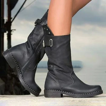 

HOT Fashion Women Mid-Calf Boots High Heels Botas Zapatos Mujer Pu Leather Winter Shoes Plus Size Booties Plus Size 35-43