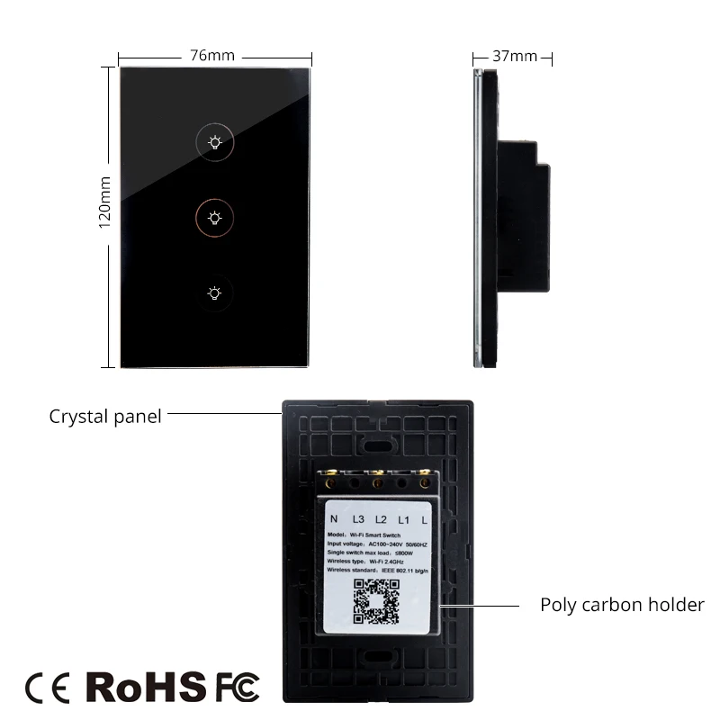 Wifi Smart Wall Switch Socket US Standard 3 Gang Glass Panel APP Remote Control No Hub Required for Smart Life AC 100-240V