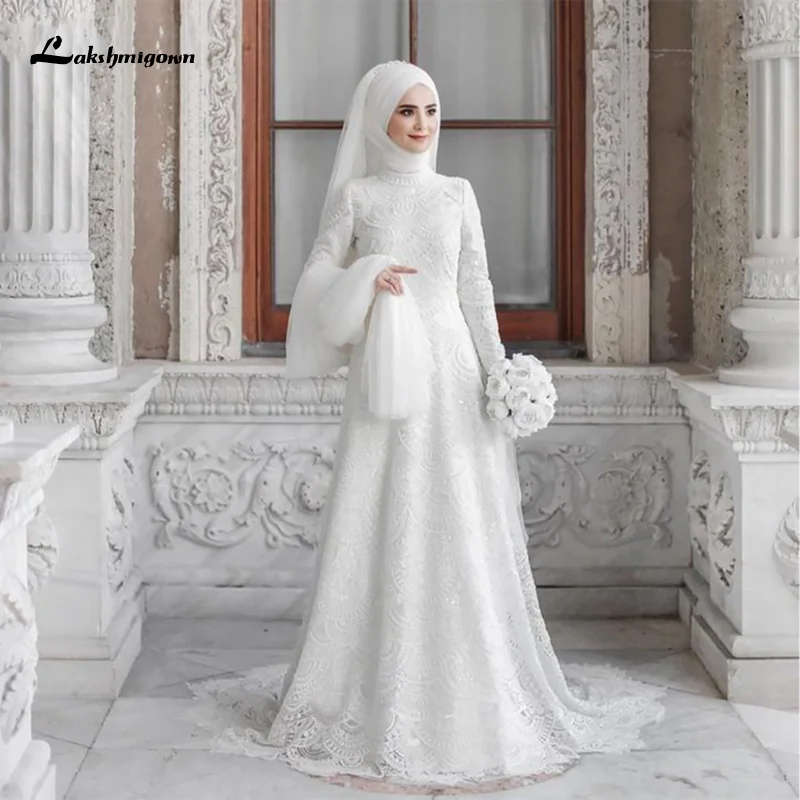 Royal Muslim Wedding Dress With Veil A Line Long Sleeves High Neck Bride  Dress Lace Appliques Sweep Train In Dubia/arabic - Wedding Dresses -  AliExpress