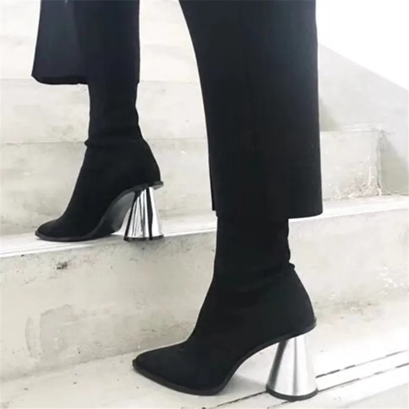 Пикантная обувь женские эластичные ботинки вязаные черные носки с острым носком