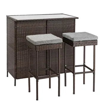 

Outdoor 3-Piece Brown Wicker Bar Set Glass Bar and Two Stools with Cushions Garden Table and chairs Leisure Outdoor Furniture