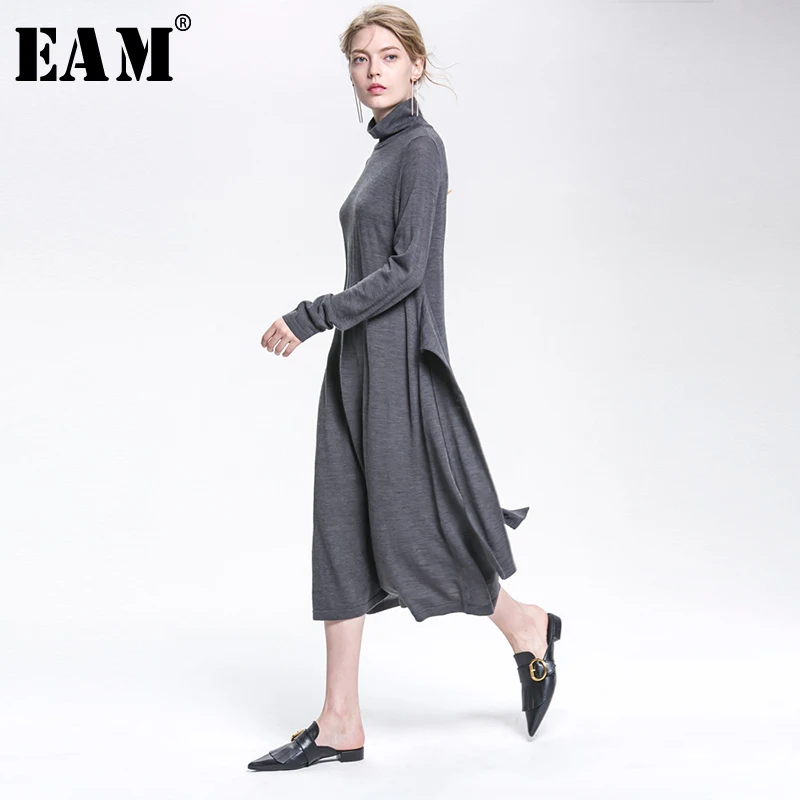 

[EAM] Bandage Thin Temperament Women Dress New Turtleneck Long Sleeve Loose Fit Fashion Tide All-match Spring Autumn 2019 JZ076