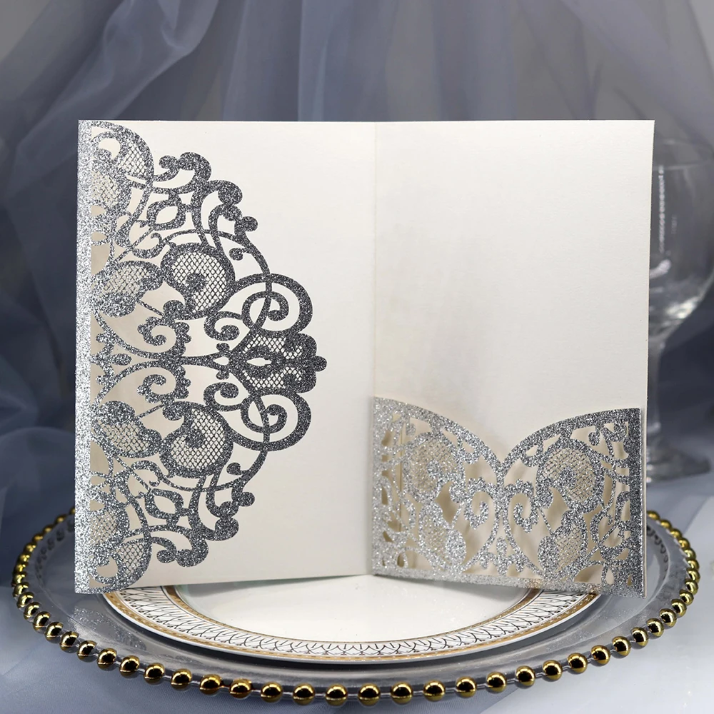  European Business Greeting Card Laser Hollow Invitations Powdered Glitter Silver Wedding Invitation - 4000143771924