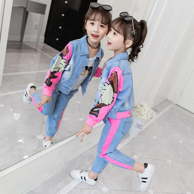 

2019 New Style Casual CHILDREN'S Suit Girls Autumn Clothing Big Boy Children Jeans Coat Two-Piece Set Fashion