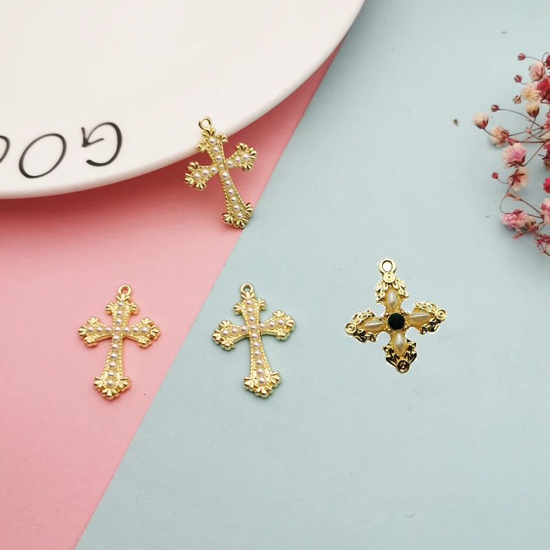 

10pcs Chic Pearl Crosses Charms Dangle Gold Color Metal Pendants Handmade Craft Earring Finding For DIY Jewelry Accessories
