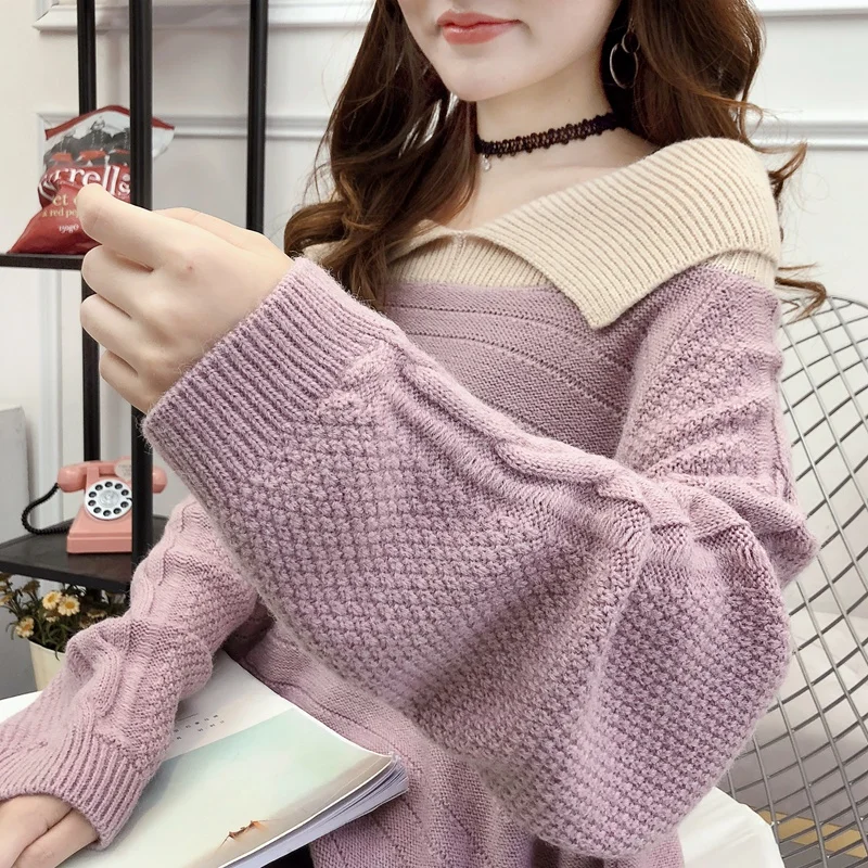 Woherb Off Shoulder V-neck Sweater Women Jumper Long Sleeve Contrast Color Knit Winter Pull Femme Autumn Elegant Pullover