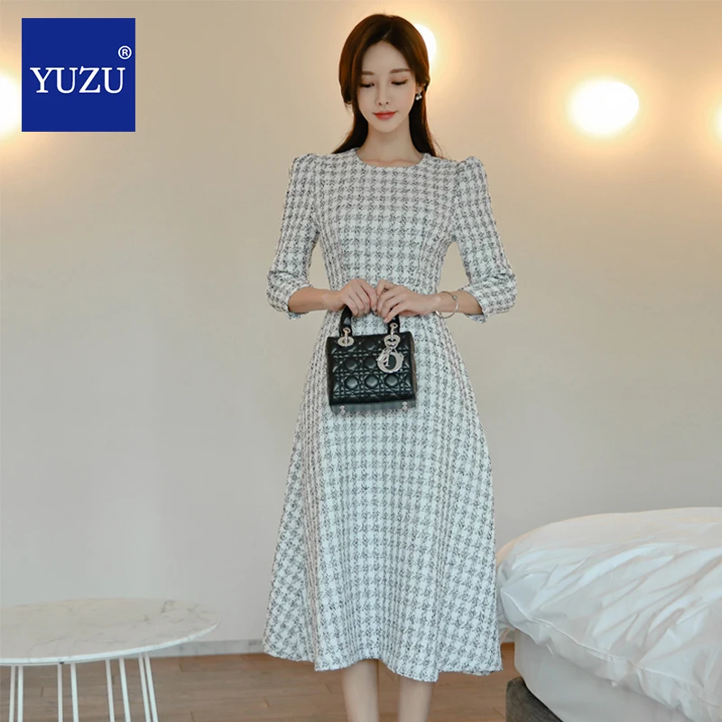 white plaid Шерстяное платье для офисных леди, элегантное ТРАПЕЦИЕВИДНОЕ белое клетчатое платье до середины икры с круглым вырезом, весенне-осенние вечерние платья для женщин, рождественское платье - Цвет: white plaid