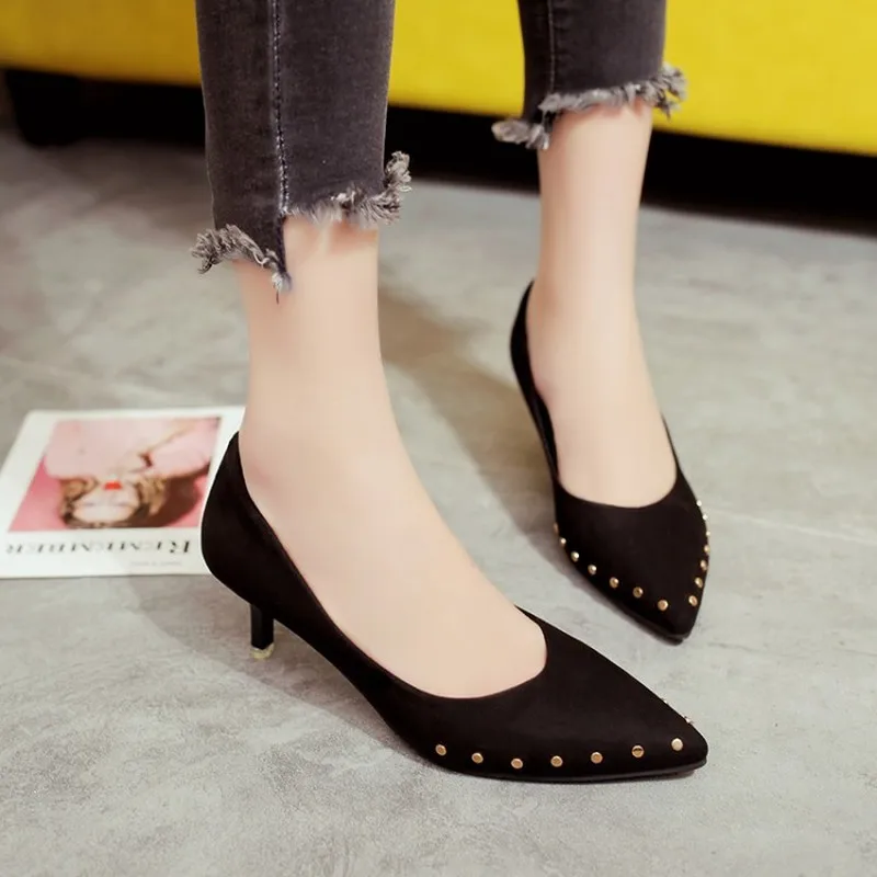 Concise Female Single Shoes Fashion Studs Pointed High Heels Shallow Mouth Sexy Suede Work Womens Pumps Y21-21 | Обувь