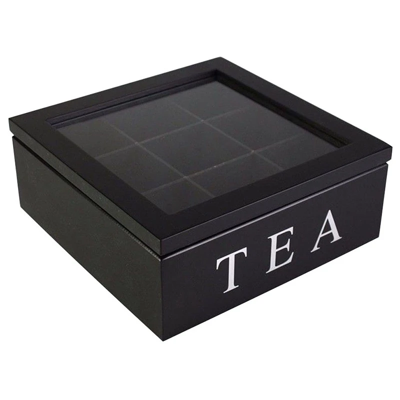 

Wooden 9 Grids Tea Box Tea Bags Container Storage Box Square Gift Box Case Transparent Glass Top Lid 23X23X9Cm-Black