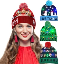 

2022 New Year LED Knitted Christmas Hat Beanie Light Up Illuminate Warm Hat For Kid Adults New Year Christmas Decoration navidad