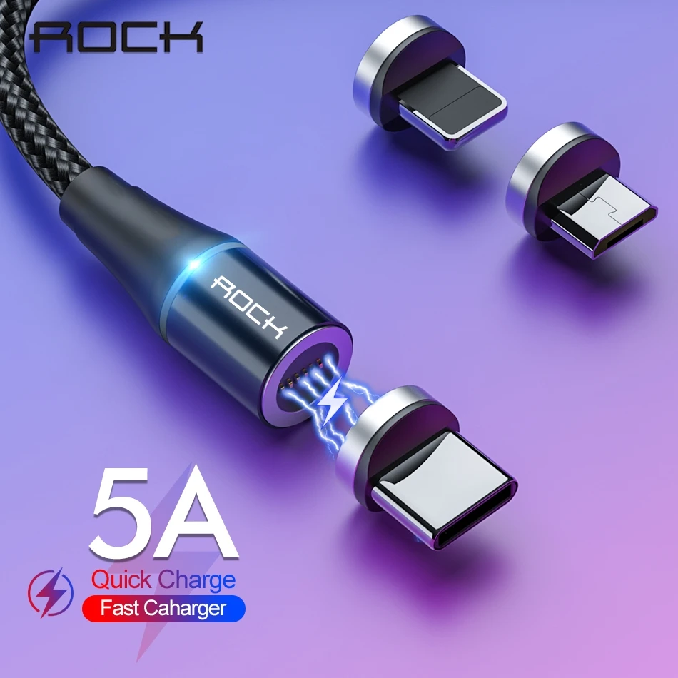 Магнитный кабель ROCK 5A, Micro Usb type C, супер быстрая зарядка, Usb C, светодиодный легкий телефон, 1 м, 2 м, для iPhone Xiaomi|Кабели для мобильных телефонов|   | АлиЭкспресс