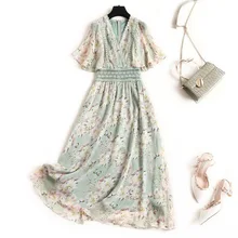 Temperament Fashion V-neck 2020 lato marszczone rękawy kwiatowy drukowana szyfonowa zszywana koronkowa świeża zieleń kolor długa sukienka tanie i dobre opinie FR (pochodzenie) Z szyfonu A-LINE Dla osób w wieku 18-35 lat 2020 Summer Lace Stitching Chiffon Floral Printed Women Long Dress