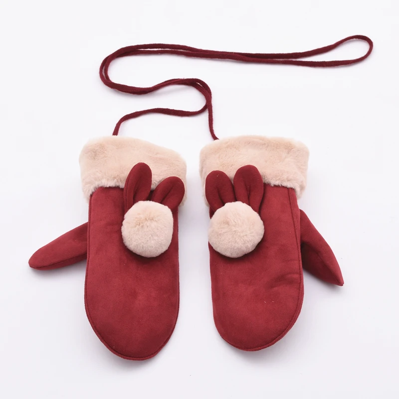 Red Rabbit Ear Зимние теплые плюшевые кожаные зимние перчатки, водонепроницаемые, для девочек, Мультяшные, для велоспорта - Цвет: Red Rabbit Ear