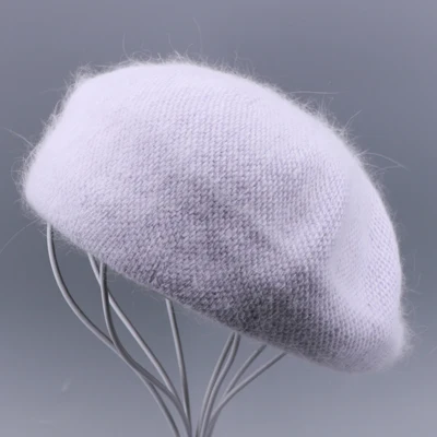 Light Purple Зимние береты, шапка для женщин, винтажные вязаные шапки с кроличьим мехом, однотонные женские шапки с натуральным мехом енота, помпоны, теплые шапки - Цвет: Light Purple