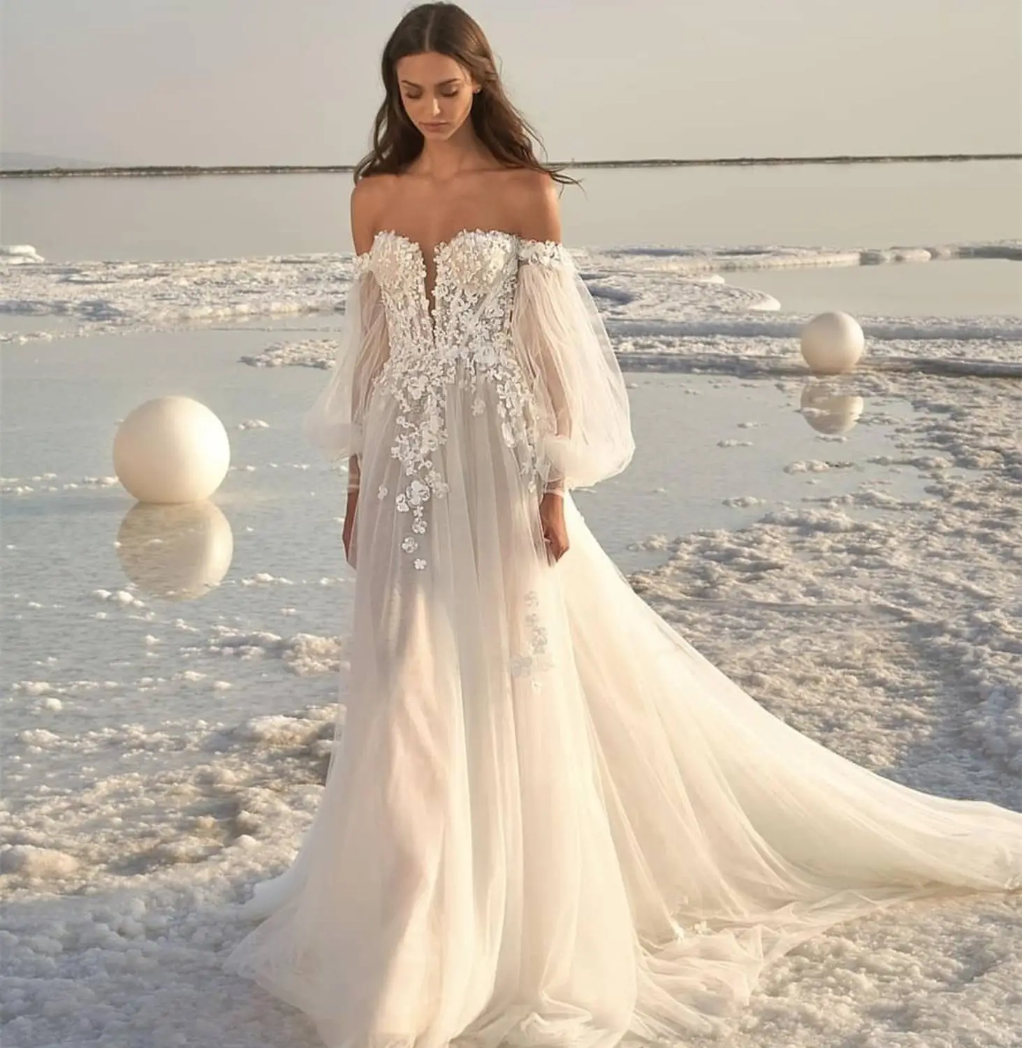 Off the shoulder beach wedding dress Clearance