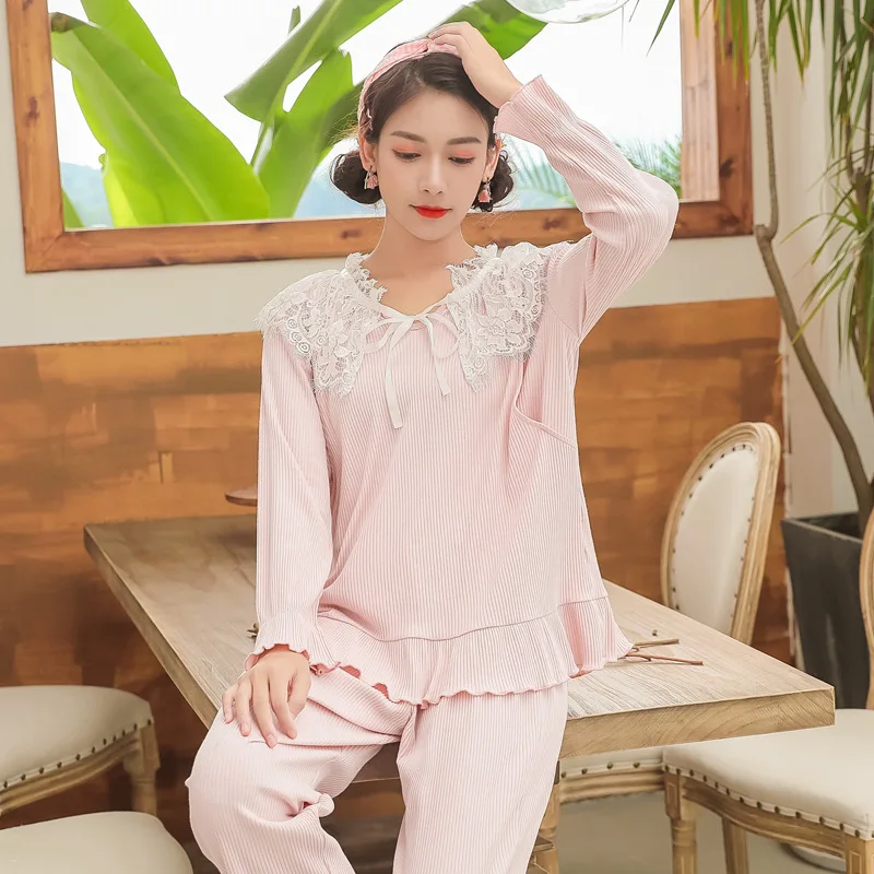 Postpartum mother Nursing Pajamas Set with Trousers Cotton Expectant Mother Lactation Clothes bust cushion Sleepwear |