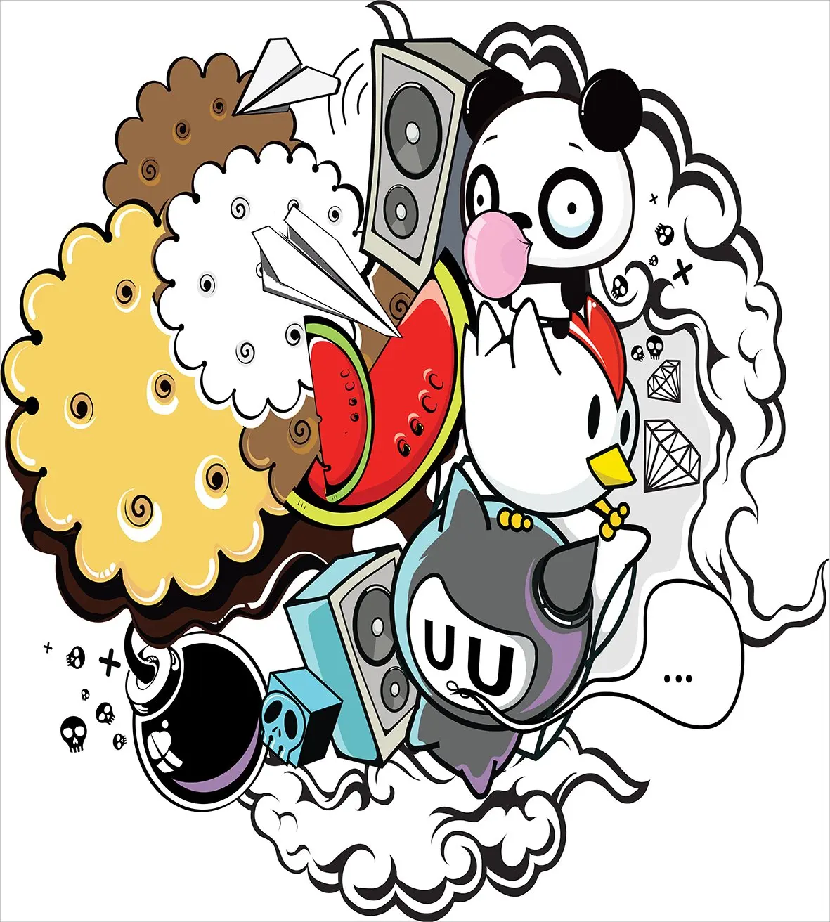 Инди пододеяльник набор животных и еды тематический состав Crazy Doodle панда птица кошка арбуз декоративный Комплект постельного белья из 3 предметов