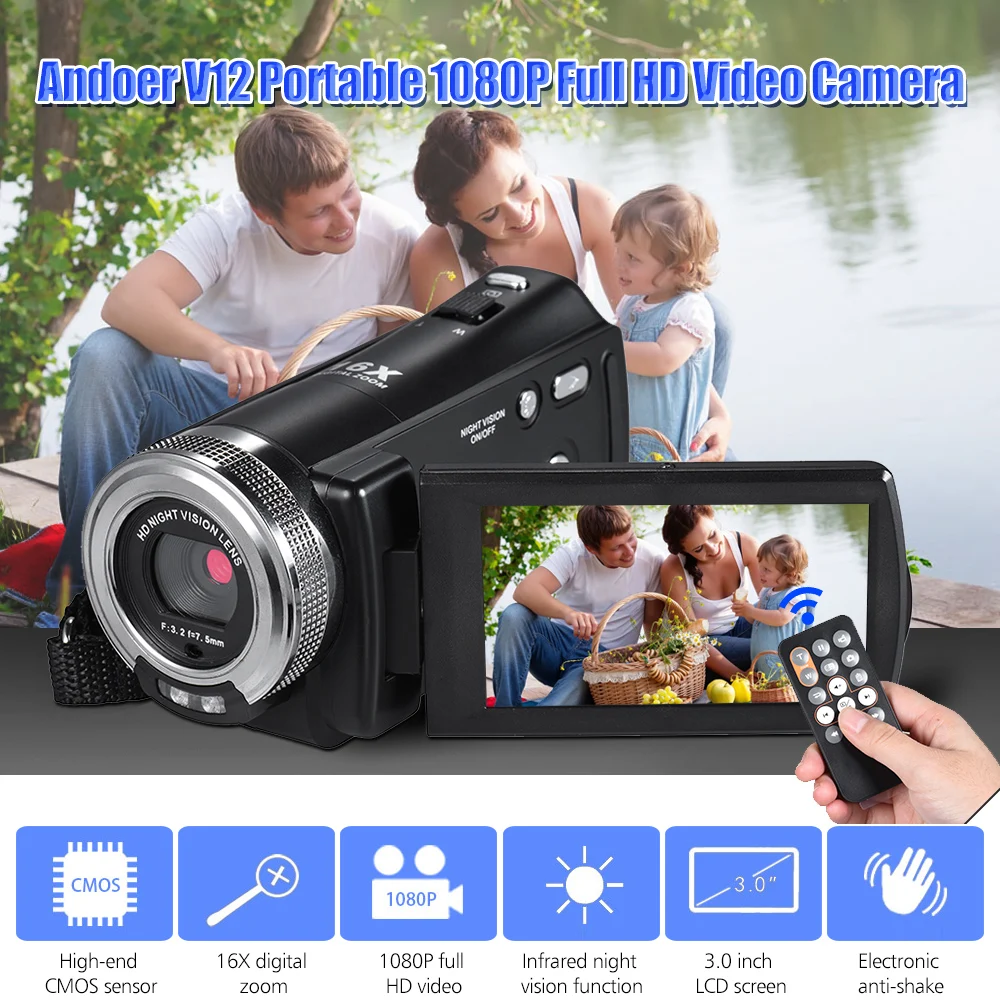

1080P Full HD Recording Video Camera Professional Video Camcorder 3.0" LCD Screen Rotatable Night Vision Face Detection