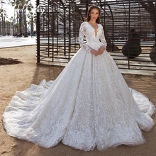 Adoly Mey Elegante V-hals Lange Mouwen Bruid Baljurk Trouwjurk 2022 Prachtige Applicaties Lace Kapel Trein Vintage Bridal Gown