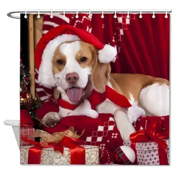 

Christmas Decorations Tree Ornament Santa Puppy Dog Pets Decorative Shower Curtain, Repellent Rustproof Bath Curtain, 72x72 Inch