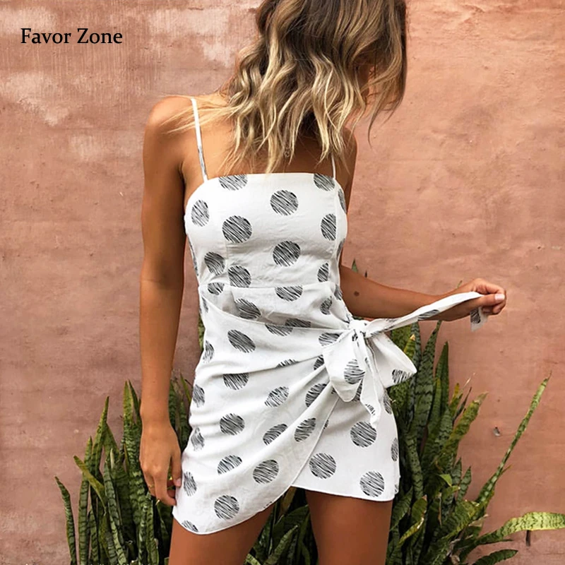 

Polka Dot Dress Summer Spaghetti Strap Slash Neck Backless Sexy Dress Women Bow-knot Sashes Vintage Bandage Bodycon Dresses 2019