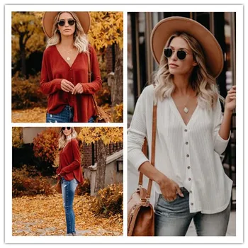 

2019 autumn women's new button knit cardigan solid color coat